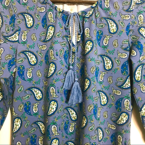 Belle by Kim Gravel TripleLuxe Knit Top Blue Paisley Tunic Keyhole Neck - Picture 4 of 12